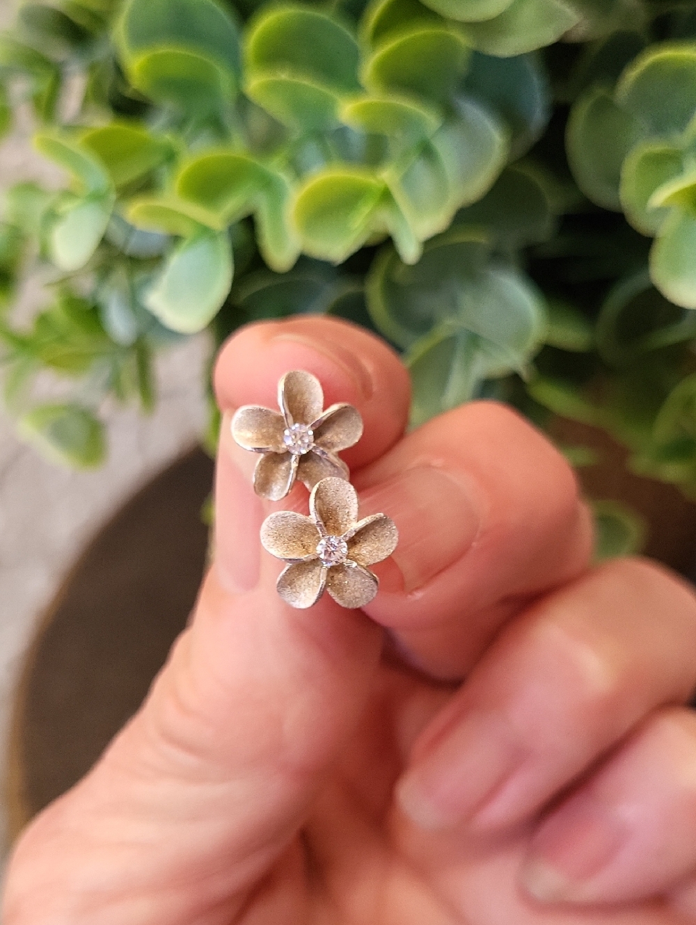 925 Sterling Silver Hawaiian Plumeria Flowers With CZ Center Stone Stud Earrings